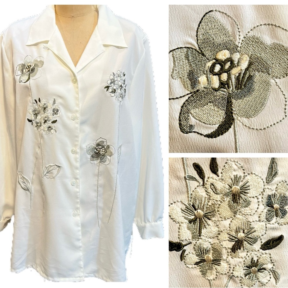 VINTAGE earthy sage floral wildflower embroidered button down blouse plus size